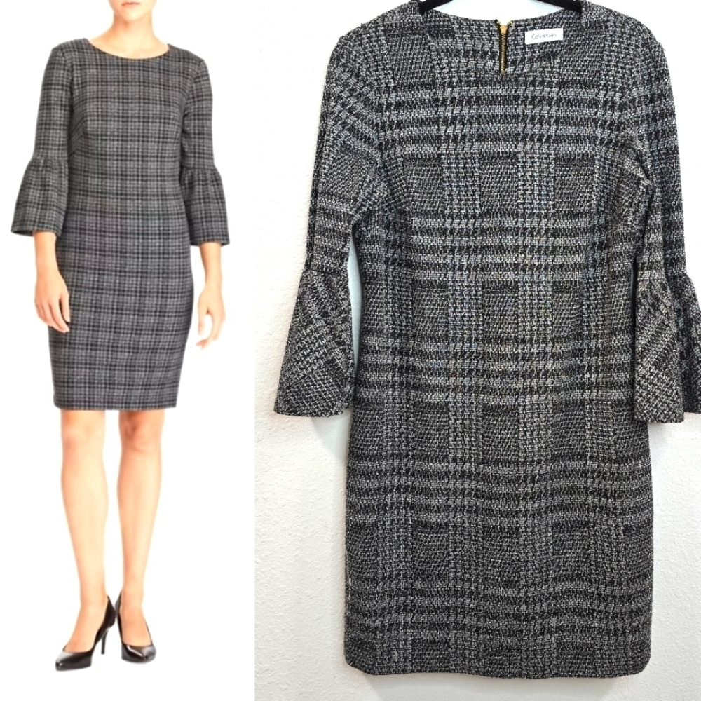 Calvin Klein Womens Elegant Black and Gray Plaid Dress Size M